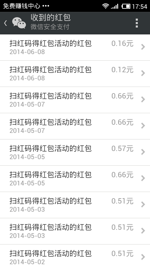 微信扫红码得红包记录