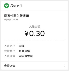 淘元素到账